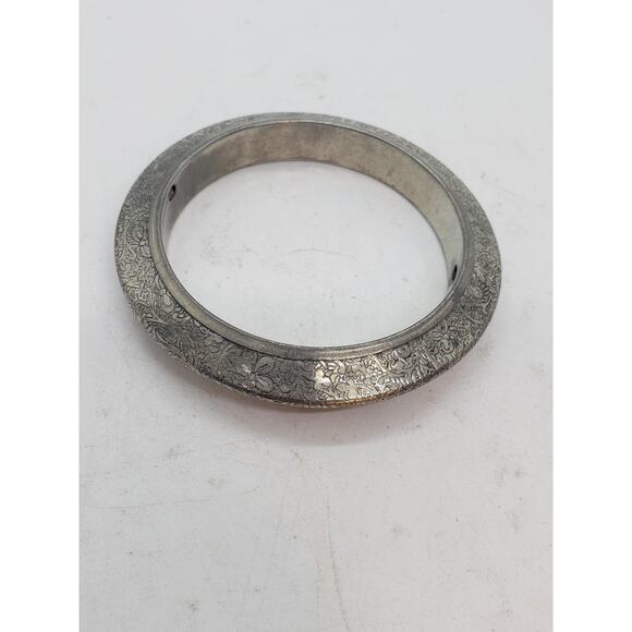 Engraved Etched Floral Silver Plated Bangle Bracelet Wide Domed Fancy Chunky - Picture 3 of 10